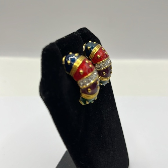 Joan Rivers Gold Tone Blue Red Maroon Green Enamel Pierced Earrings Rhinestones - Picture 3 of 8